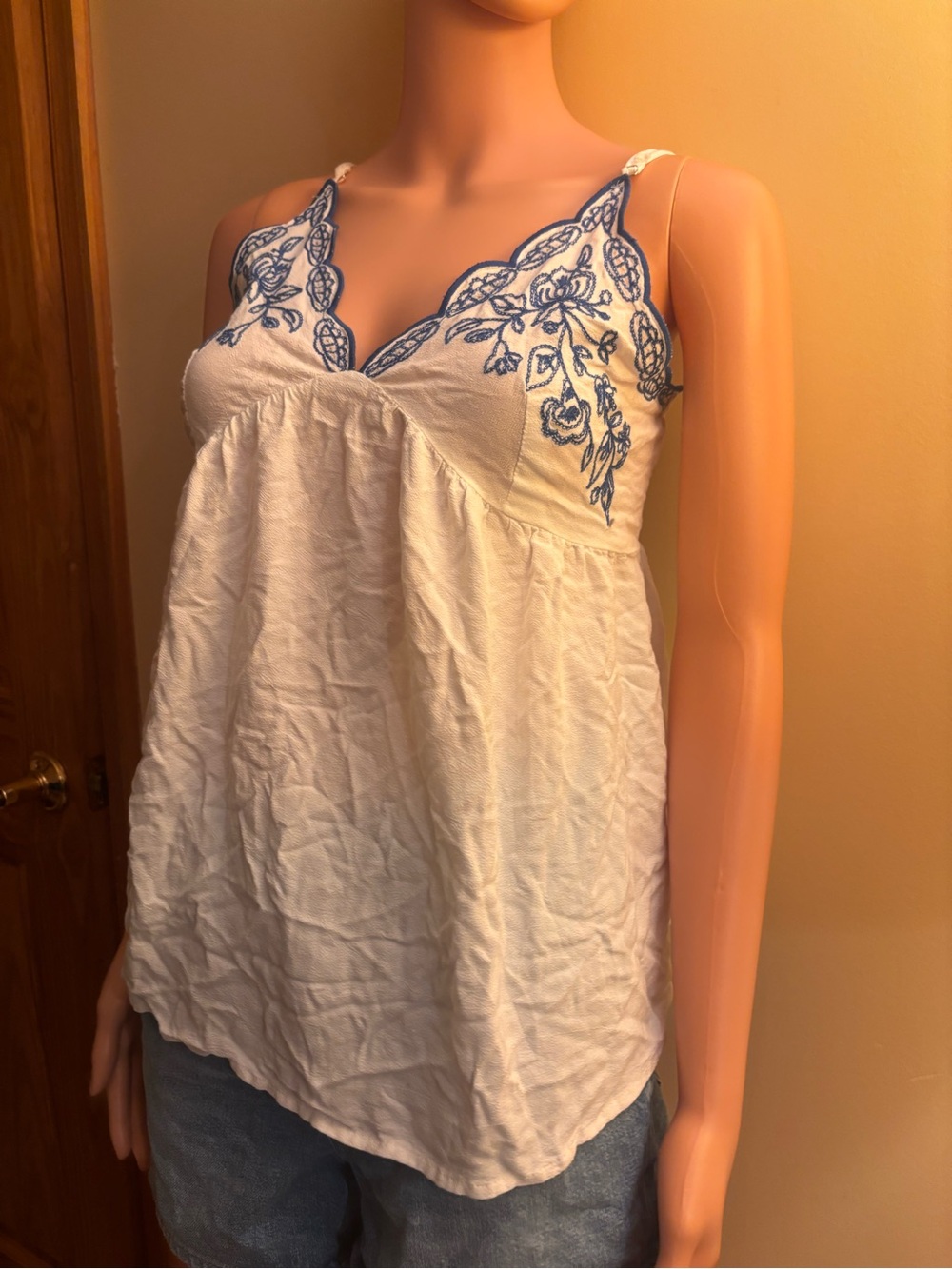 love on a hanger White Camisole with Blue Floral Embroidery